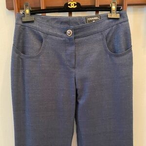 2007 Chanel Spring Navy Silk Pants with Gold and Blue CC Button Size EU 40